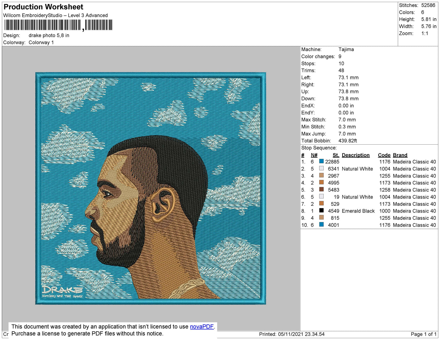 Drake Album Cover Embroidery File 4 size