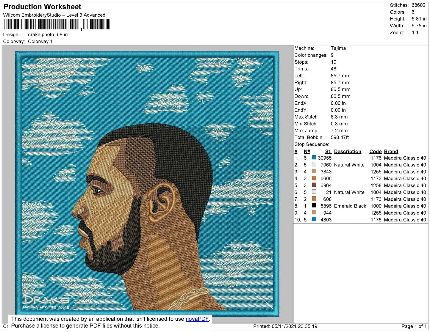 Drake Album Cover Embroidery File 4 size