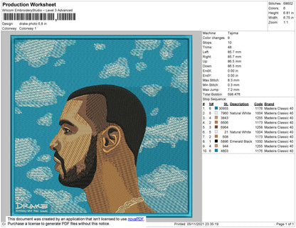 Drake Album Cover Embroidery File 4 size