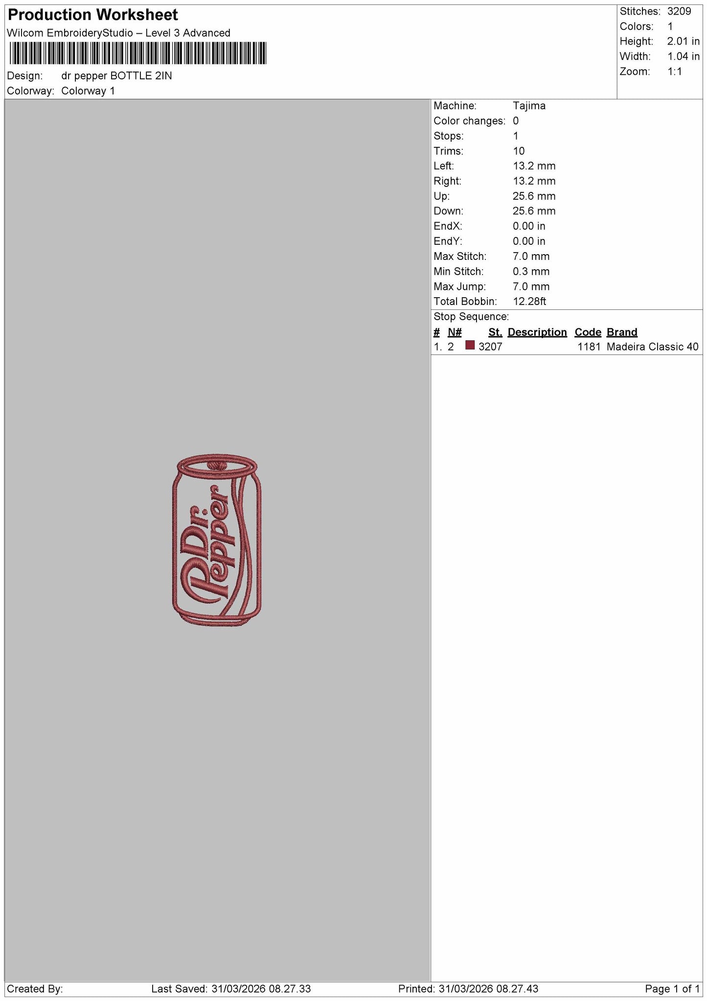 I need Dr. Pepper Embroidery File 2 Design multiple size