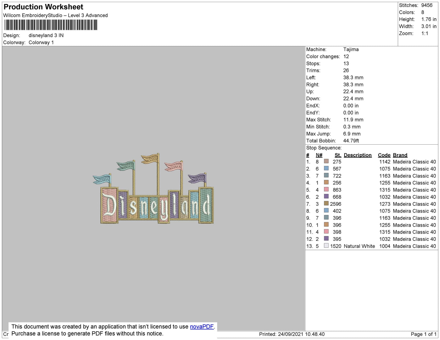 Disneyland Embroidery File 5 size