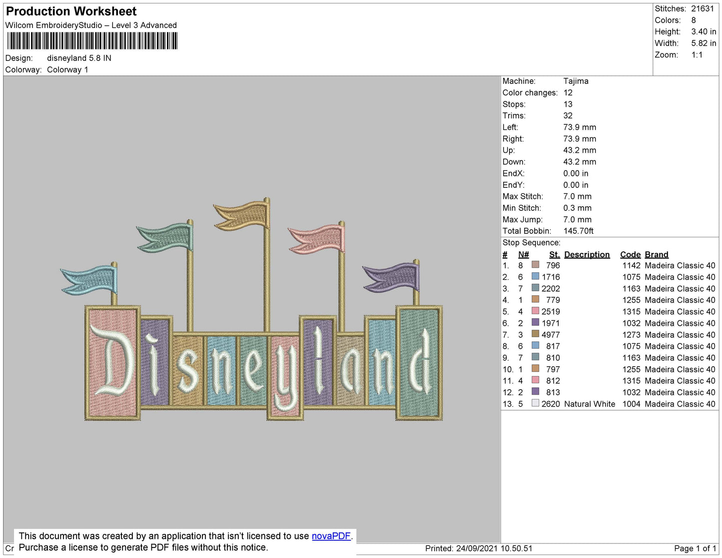 Disneyland Embroidery File 5 size