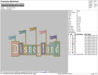Disneyland Embroidery File 5 size