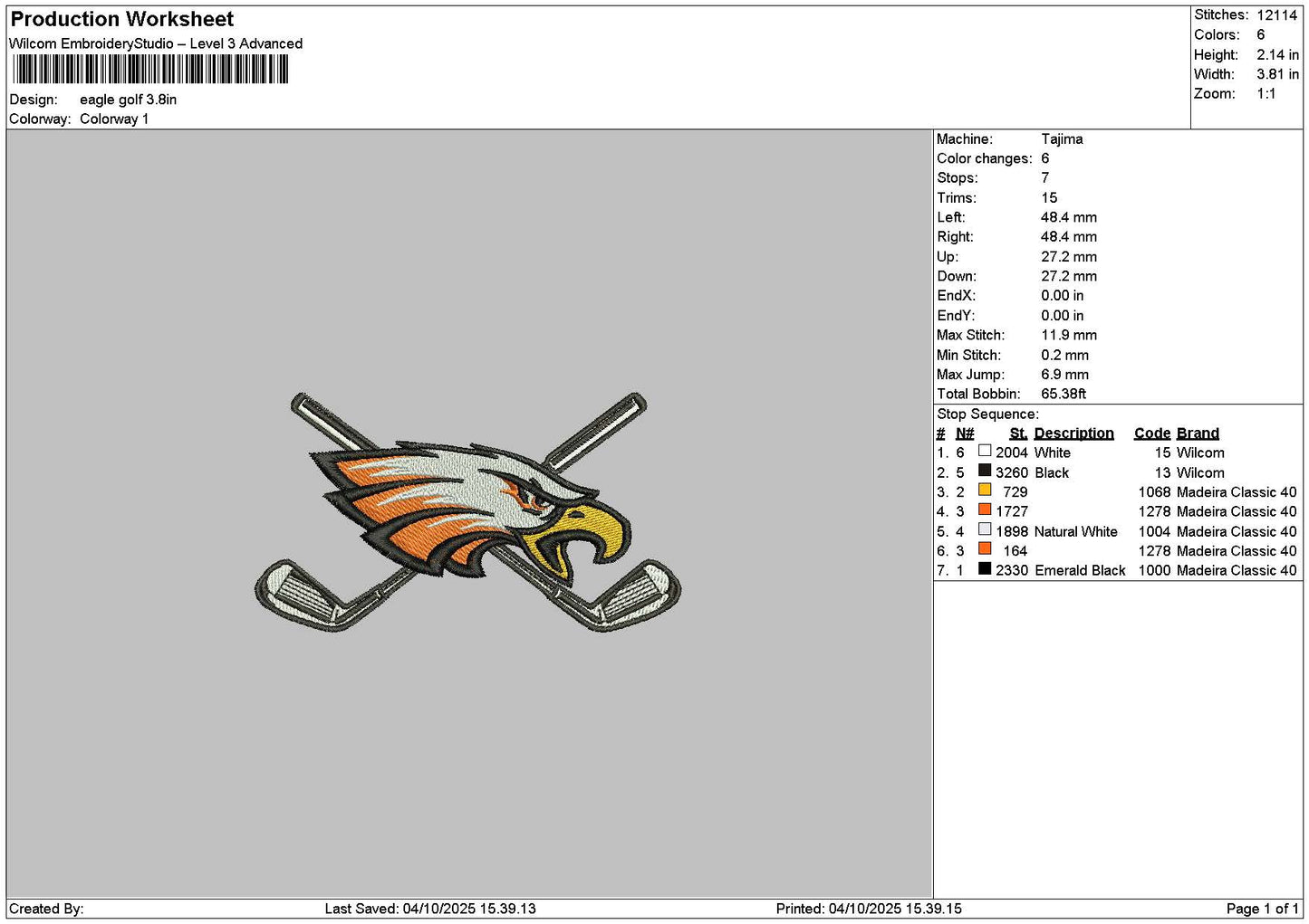 Eagle 0410 Embroidery File 6 sizes