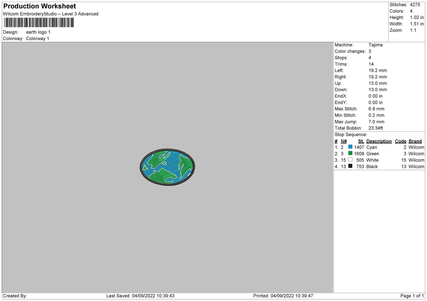 Earth Logo Embroidery File 5 sizes