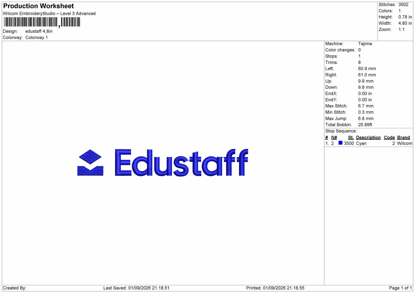 Edustaff Text Embroidery Machine Design File 6 sizes