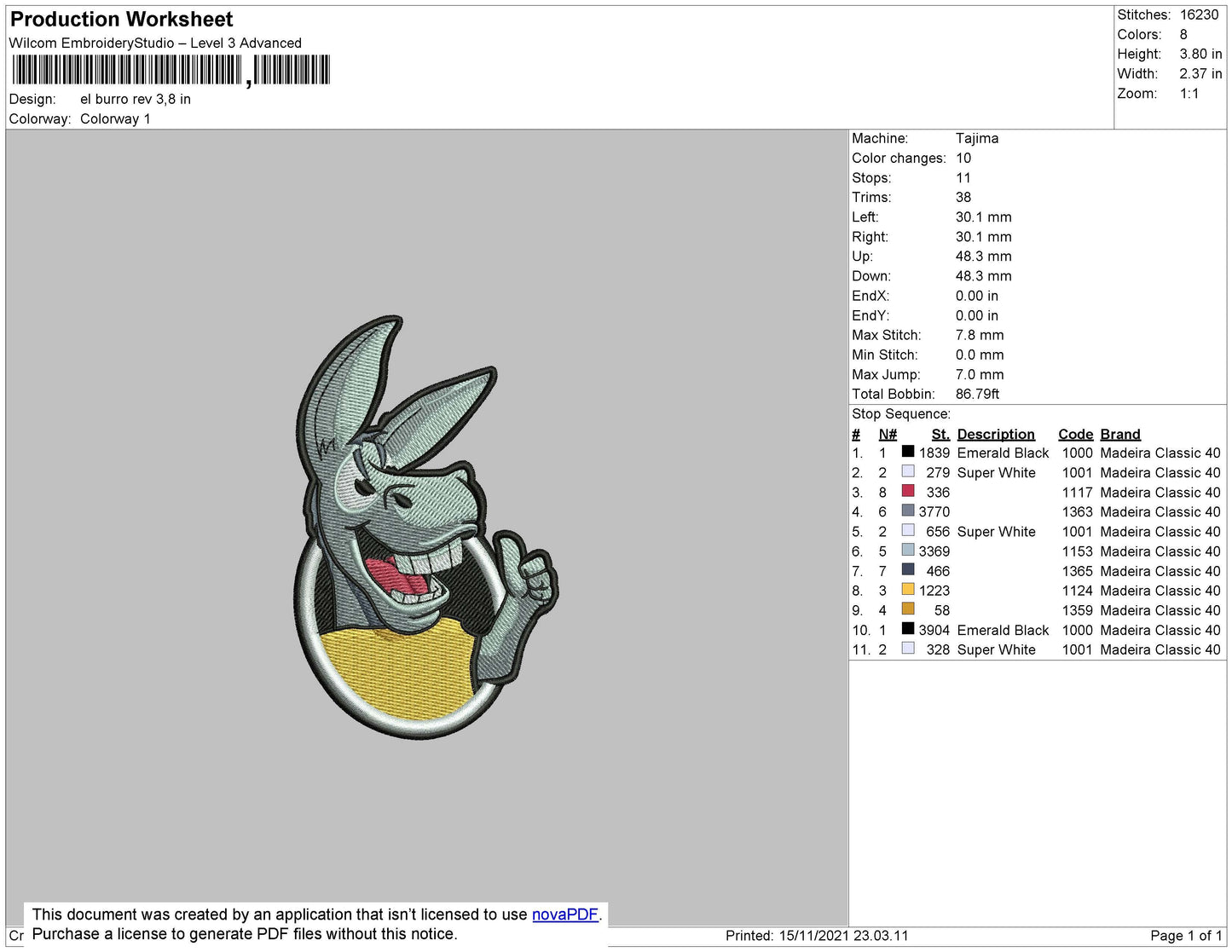 El Burro Embroidery File 4 size