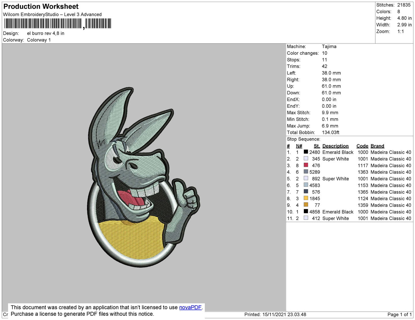 El Burro Embroidery File 4 size