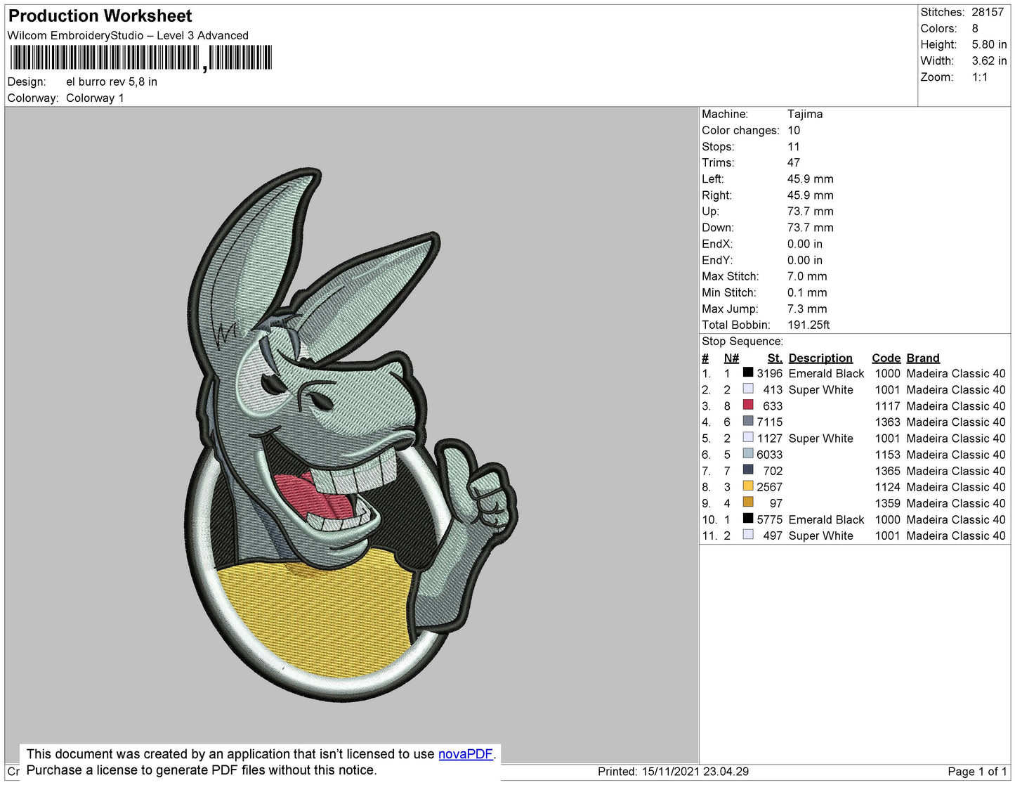 El Burro Embroidery File 4 size