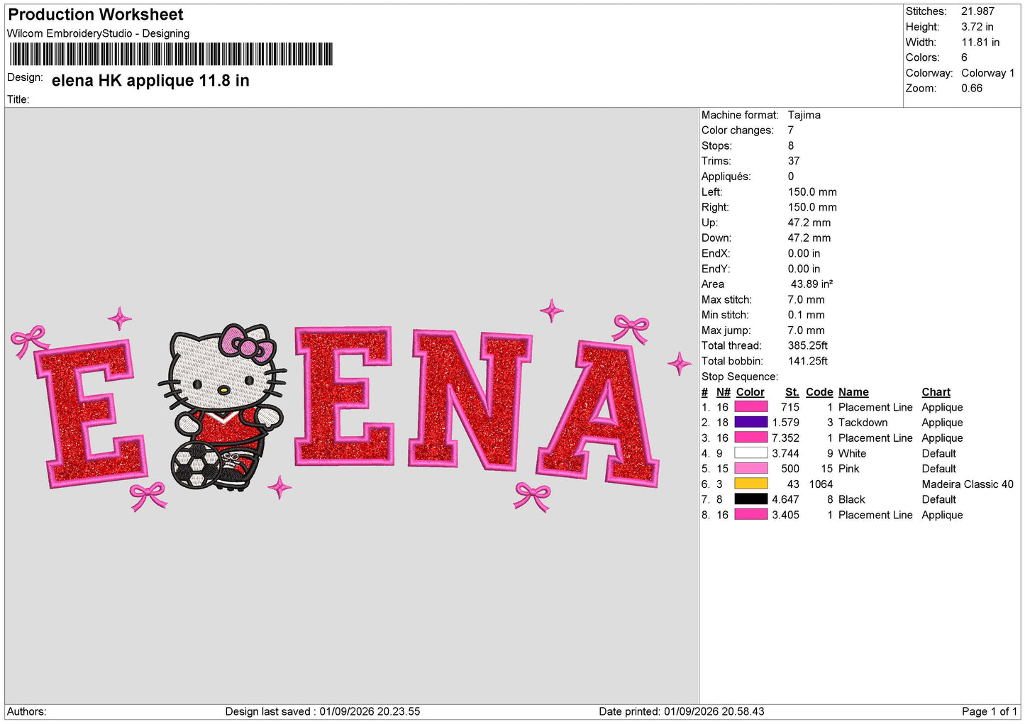 ELENA HELLO KITTY APPLIQUE  Embroidery Split Design File