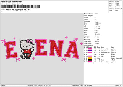 ELENA HELLO KITTY APPLIQUE  Embroidery Split Design File