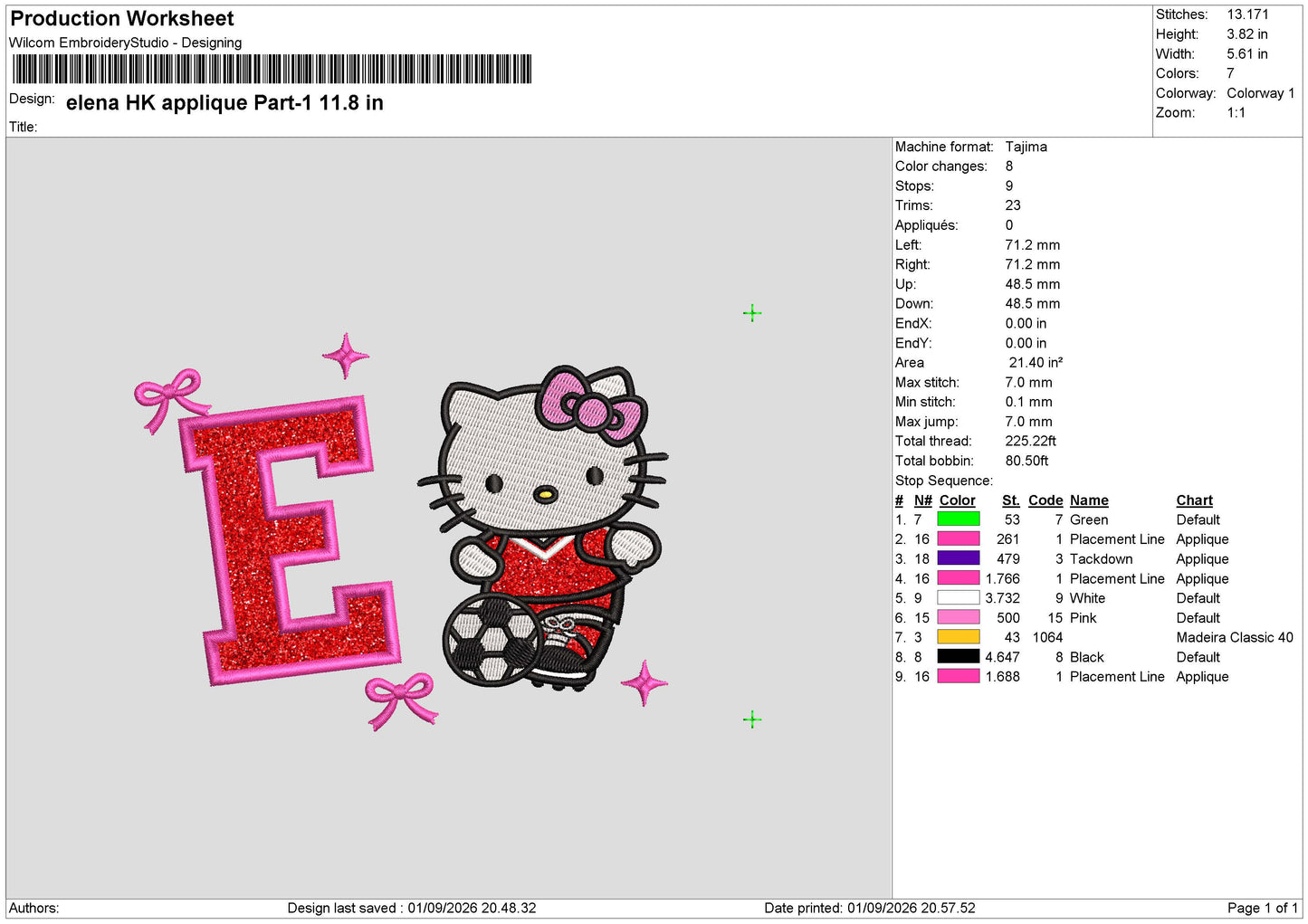 ELENA HELLO KITTY APPLIQUE  Embroidery Split Design File