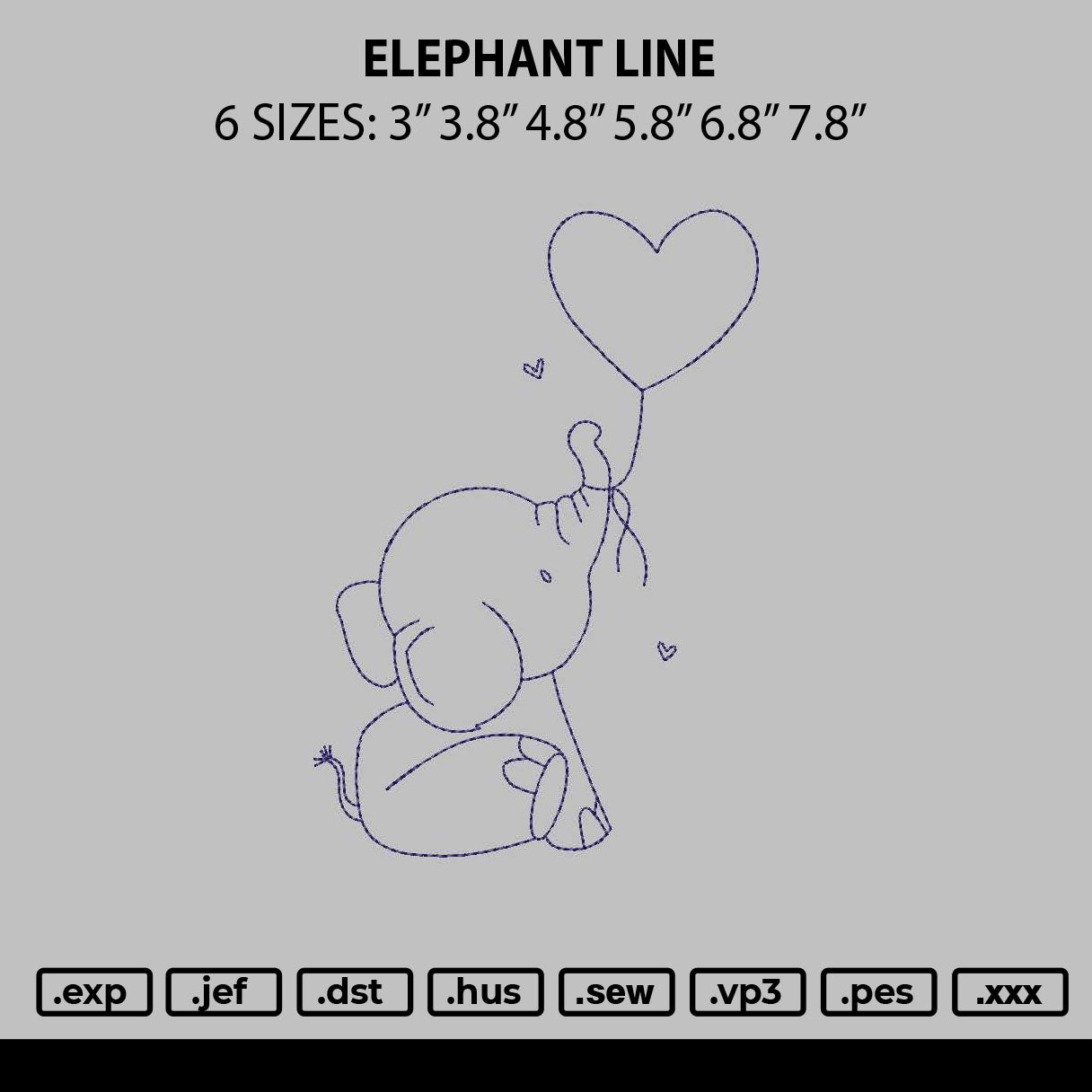 Elephant Line Embroidery File 6 sizes