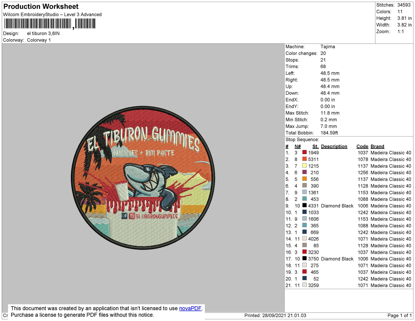 El Tiburon Embroidery File 4 size