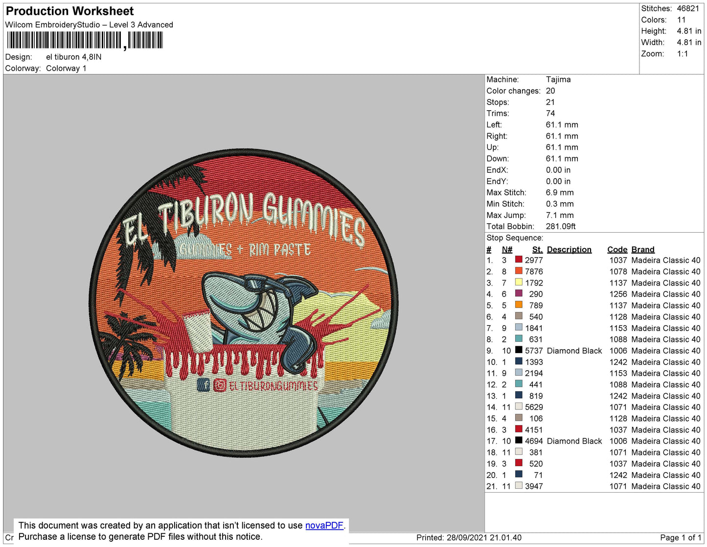 El Tiburon Embroidery File 4 size
