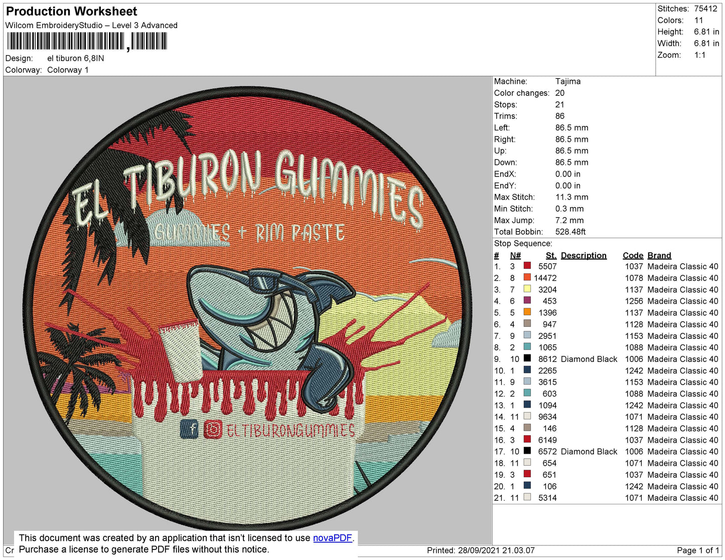 El Tiburon Embroidery File 4 size