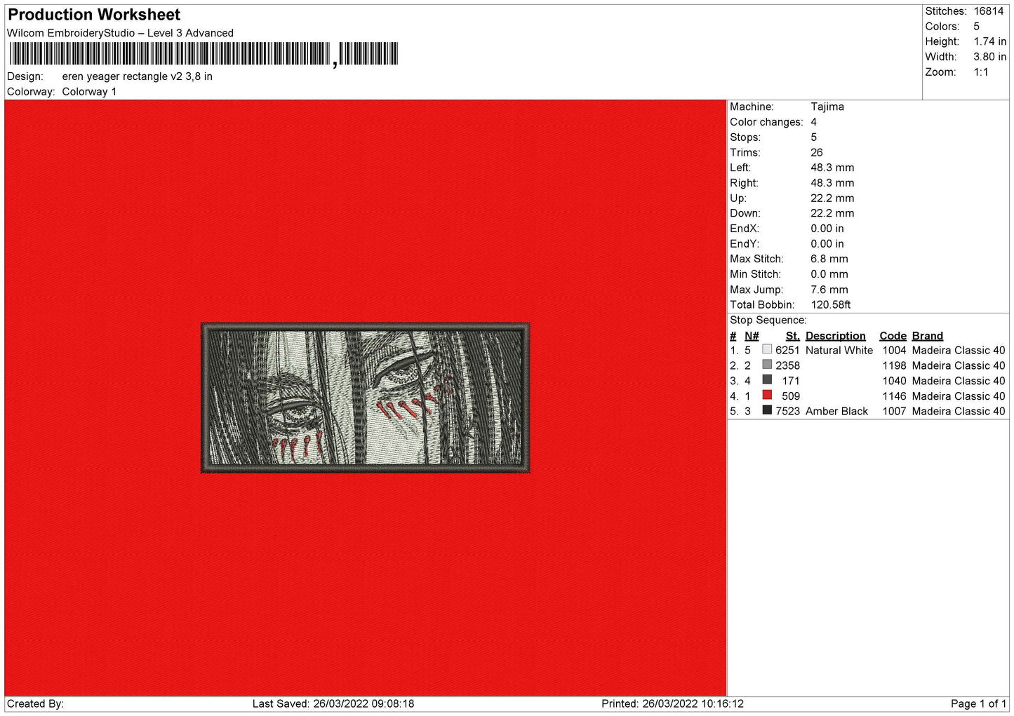 Eren Yeager Rectangle V2 Embroidery File 4 size