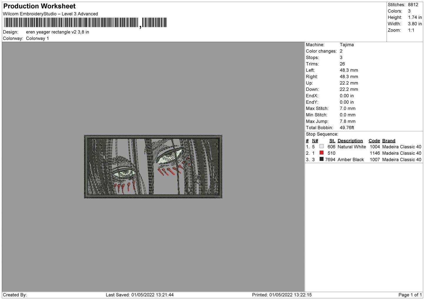 Eren Yeager Rectangle V02 Embroidery File 4 sizes