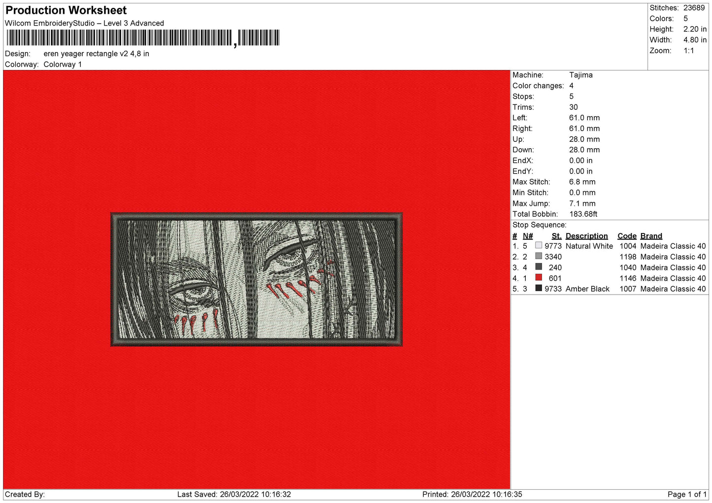 Eren Yeager Rectangle V2 Embroidery File 4 size