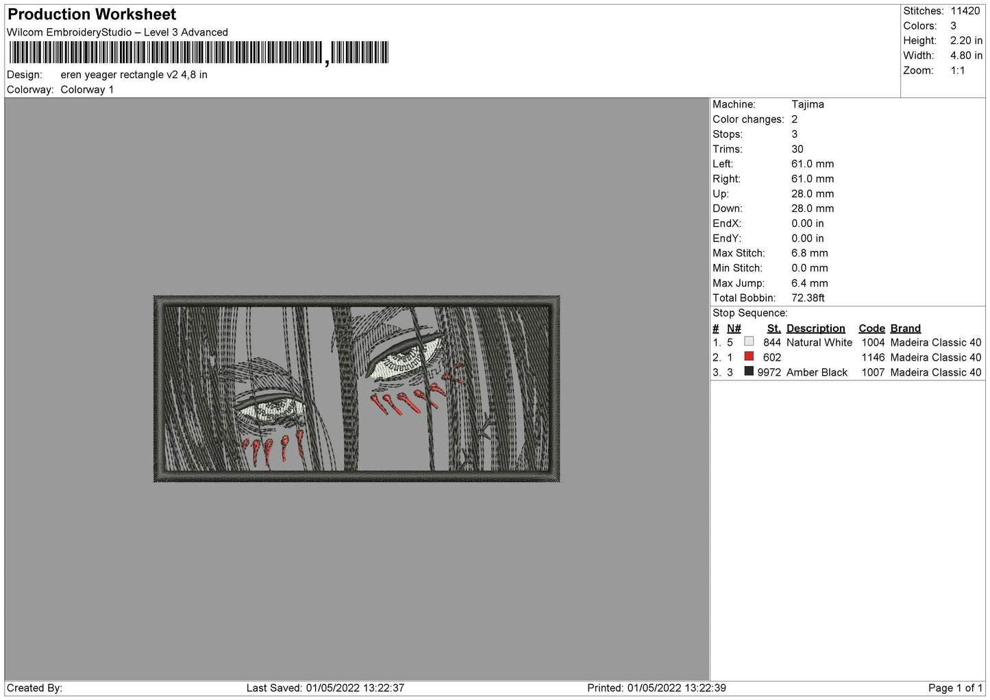 Eren Yeager Rectangle V02 Embroidery File 4 sizes
