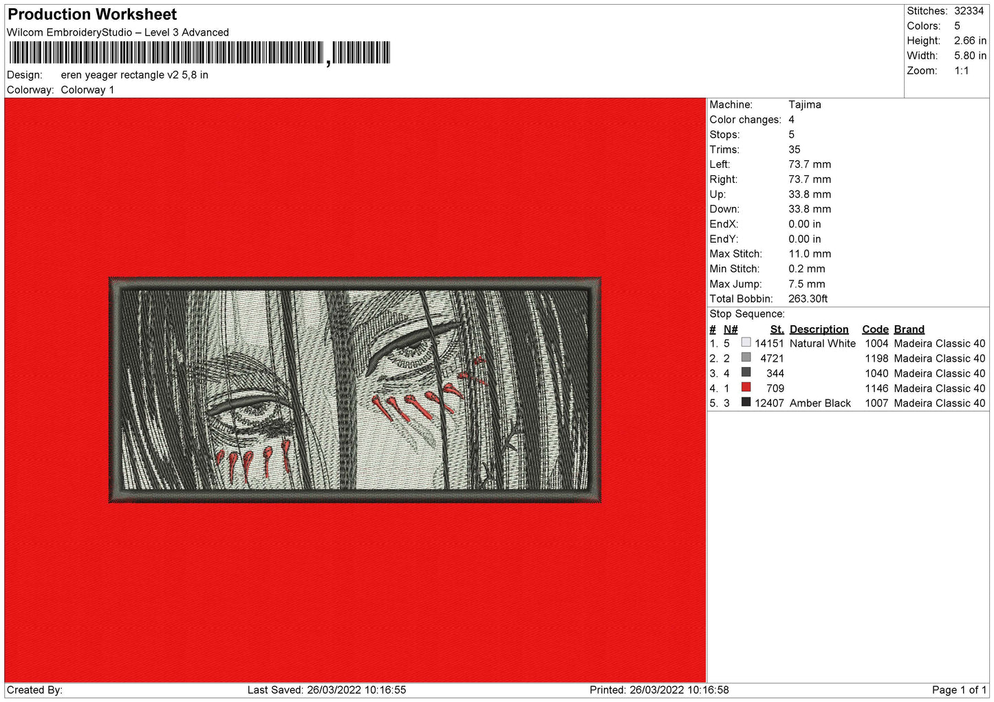 Eren Yeager Rectangle V2 Embroidery File 4 size