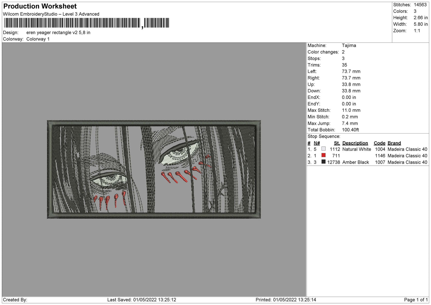 Eren Yeager Rectangle V02 Embroidery File 4 sizes