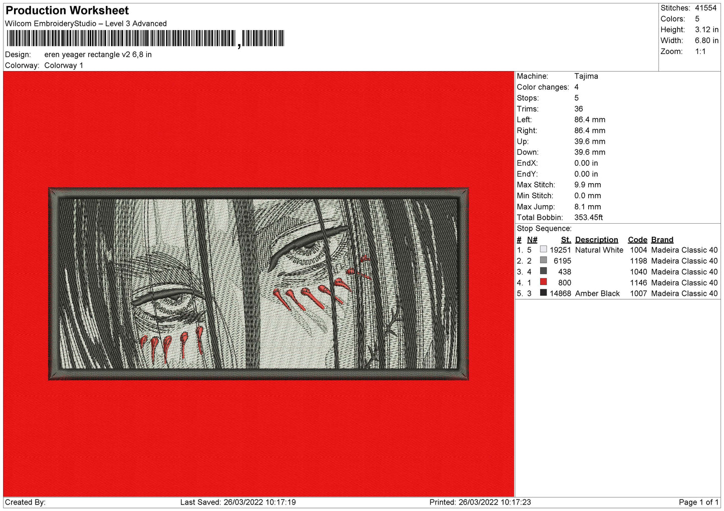 Eren Yeager Rectangle V2 Embroidery File 4 size