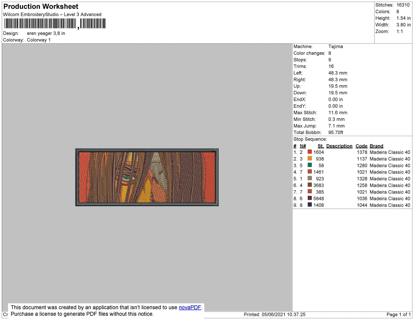 Eren Yeager Titan Rectangle Embroidery File 4 size
