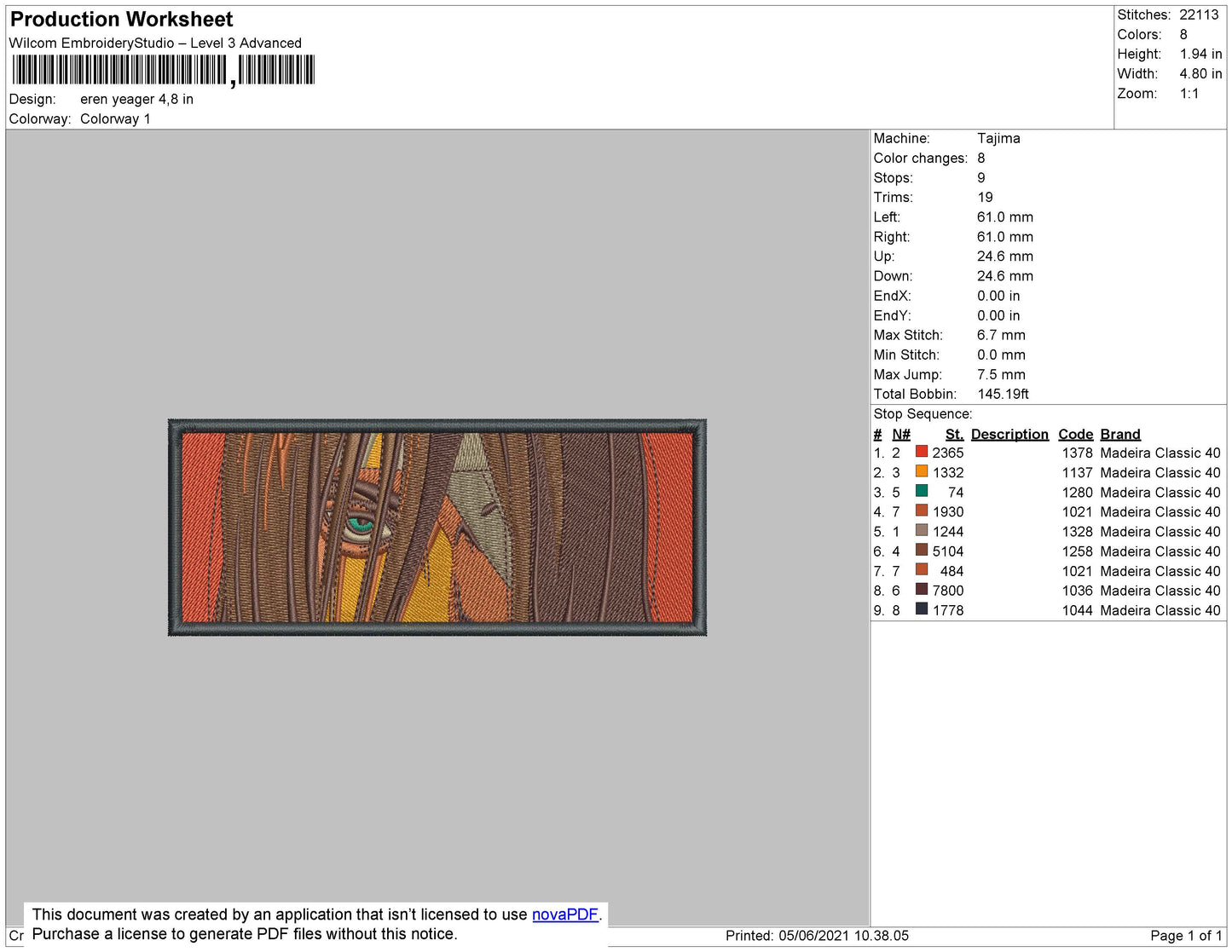 Eren Yeager Titan Rectangle Embroidery File 4 size