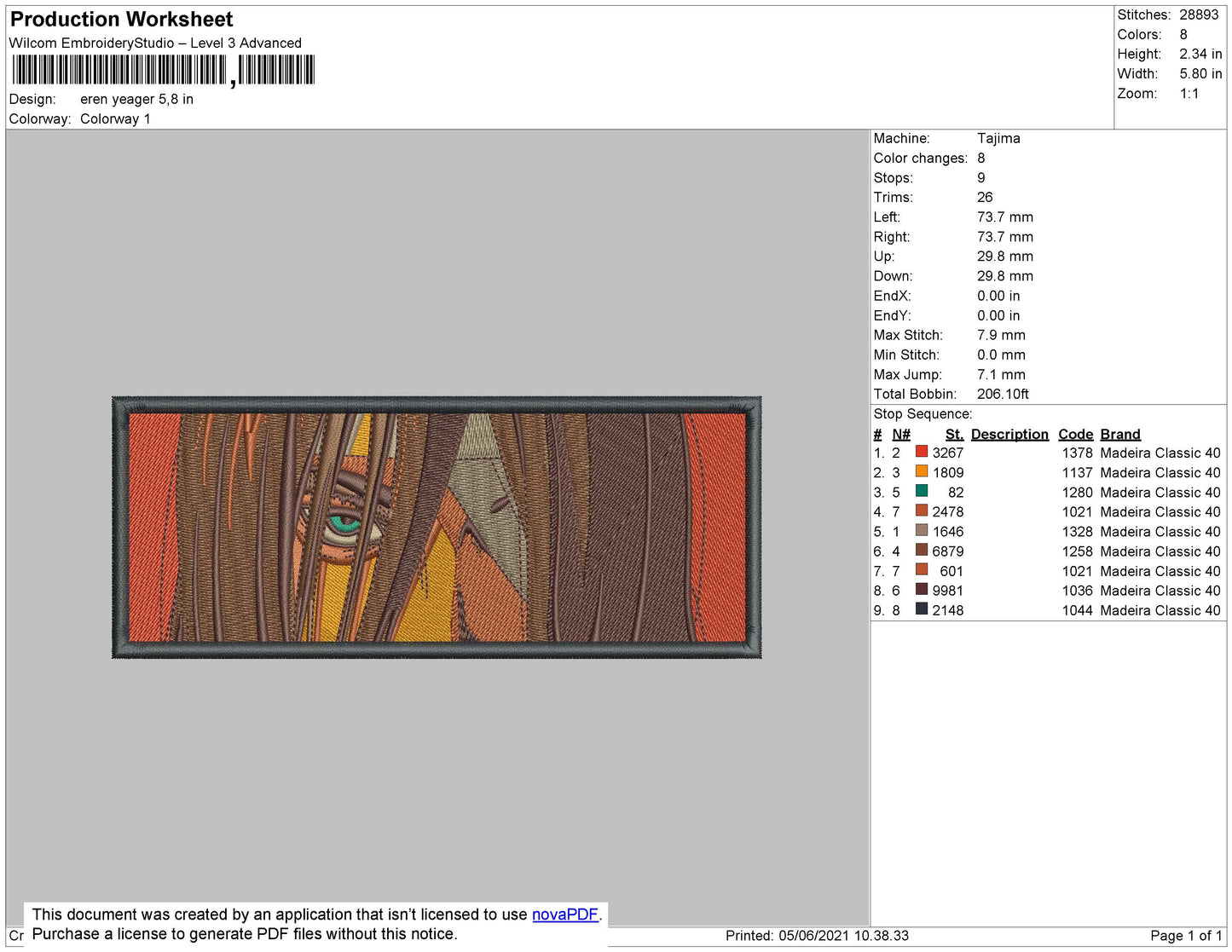 Eren Yeager Titan Rectangle Embroidery File 4 size