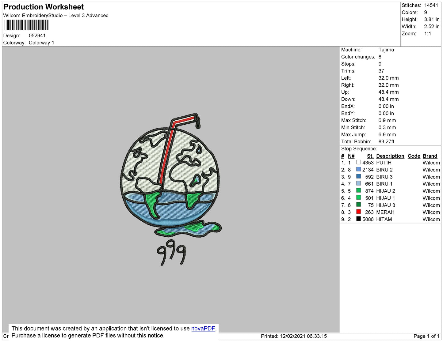 Earth 999 Embroidery File 4 Size
