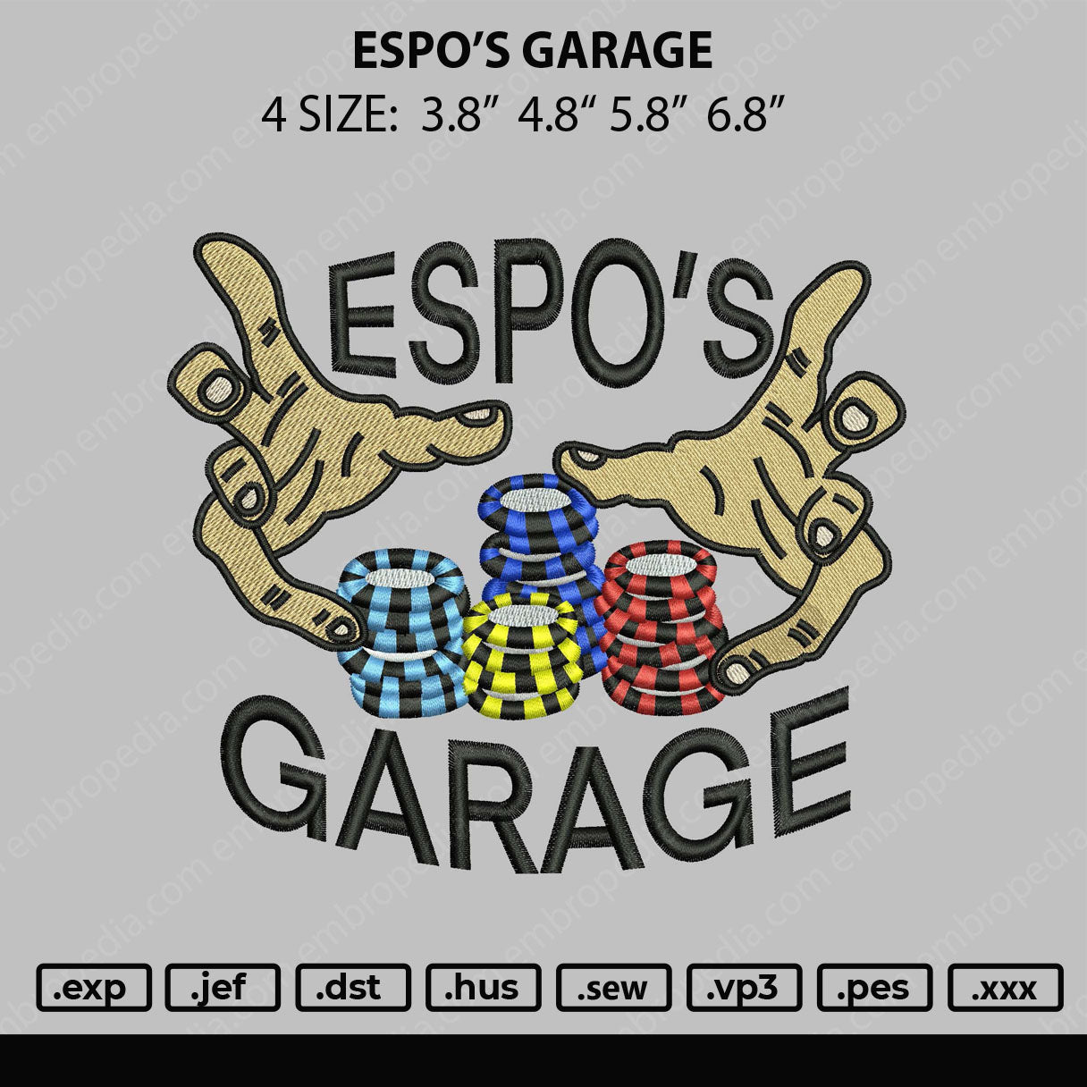 Espo's Garage Embroidery File 4 size