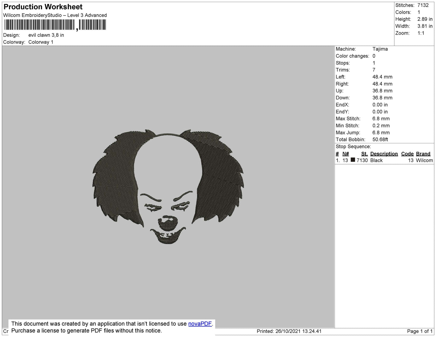 Evil Clown Embroidery File 4 size
