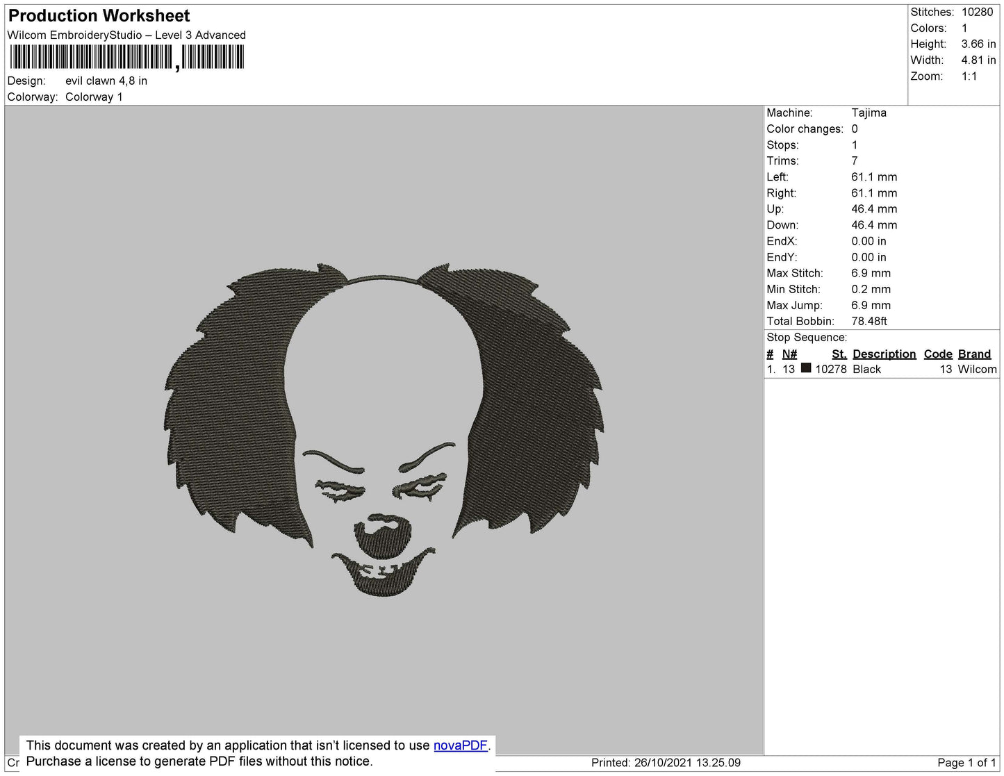Evil Clown Embroidery File 4 size