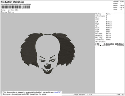 Evil Clown Embroidery File 4 size