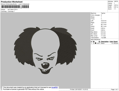 Evil Clown Embroidery File 4 size