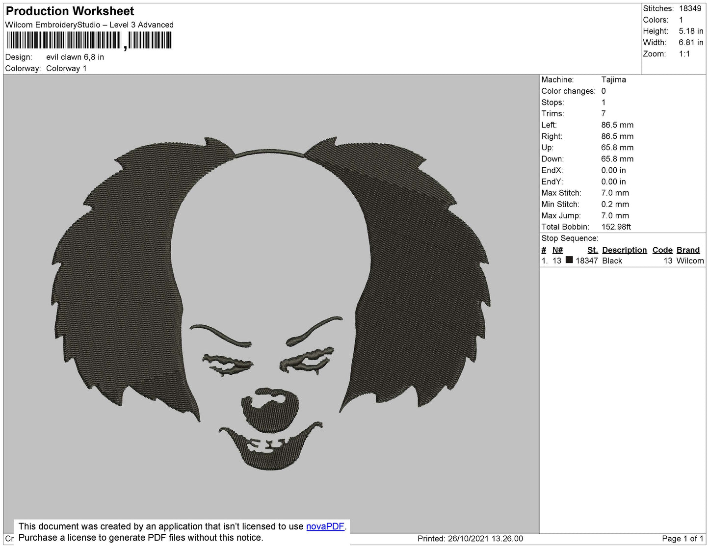 Evil Clown Embroidery File 4 size