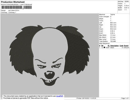 Evil Clown Embroidery File 4 size