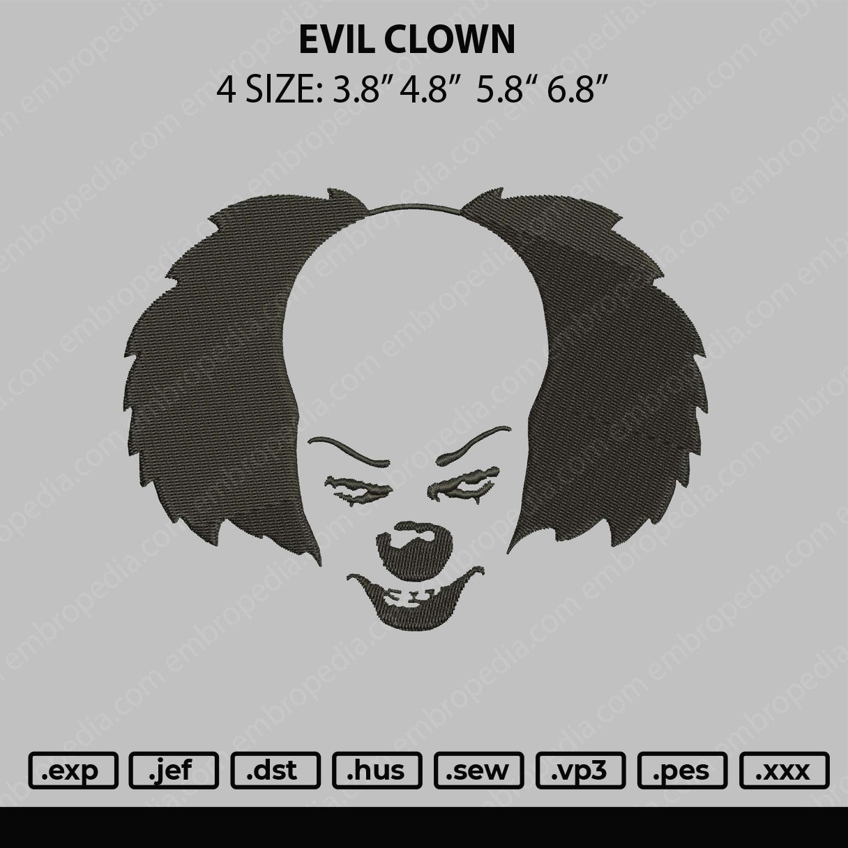 Evil Clown Embroidery File 4 size