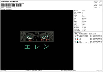 Eye Anime EREN  Embroidery Design File 6 sizes