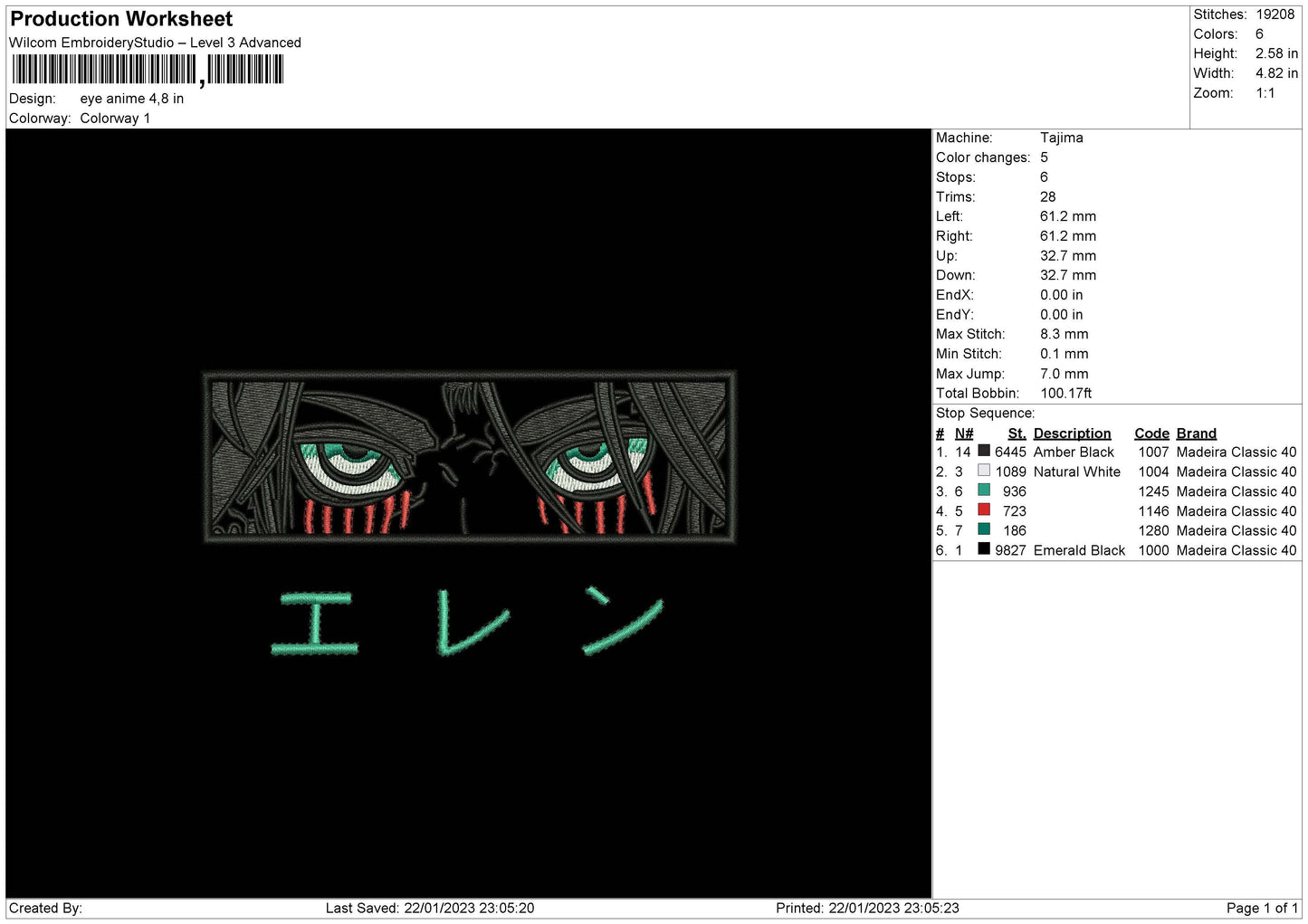 Eye Anime EREN  Embroidery Design File 6 sizes