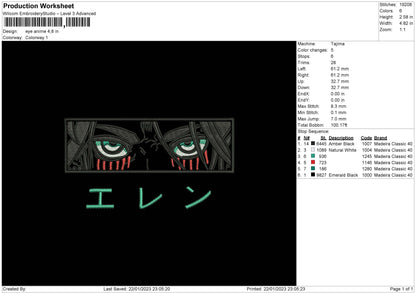 Eye Anime EREN  Embroidery Design File 6 sizes