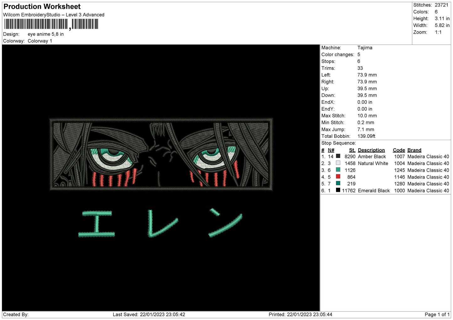 Eye Anime EREN  Embroidery Design File 6 sizes