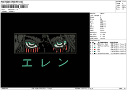 Eye Anime EREN  Embroidery Design File 6 sizes