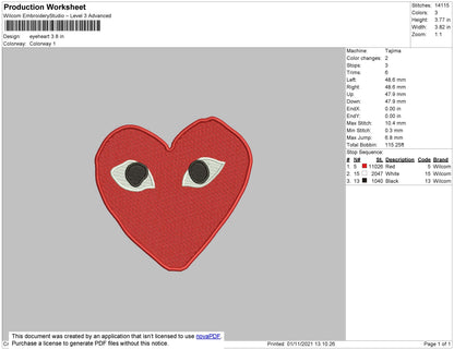 Eye Heart Embroidery File 6 size