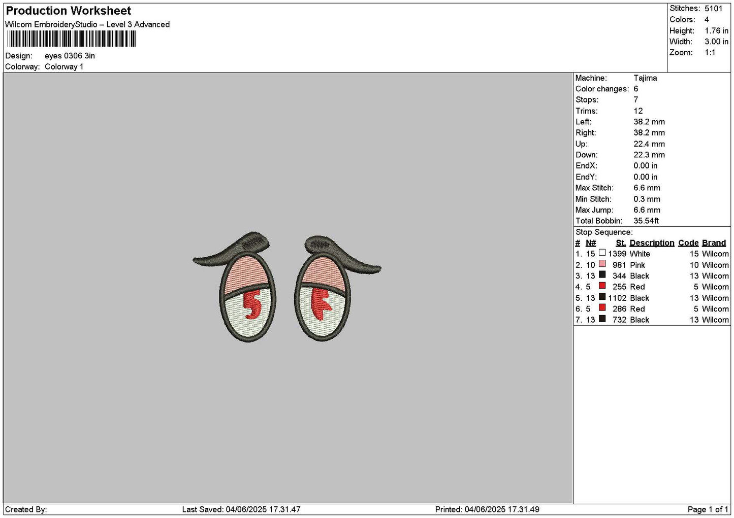 Eyes 0306 Embroidery File 6 Sizes