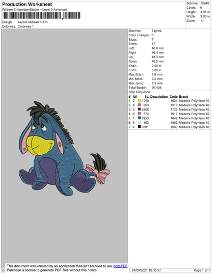 Eeyore Sitdown Embroidery File 4 size