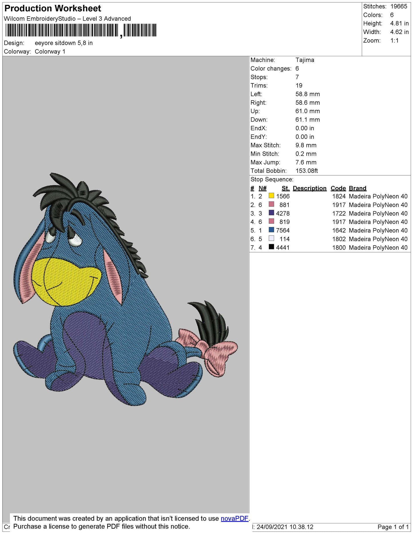 Eeyore Sitdown Embroidery File 4 size