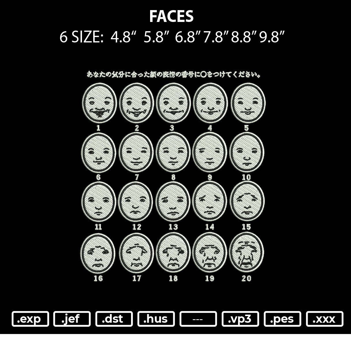 Faces Embroidery File 6 sizes