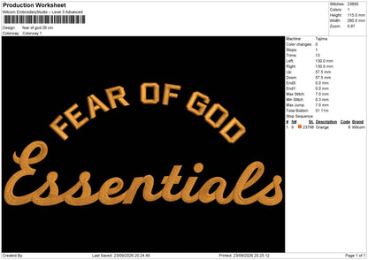 FEAR OF GOD (Essentials) Embroidery Machine Design File 6 sizes